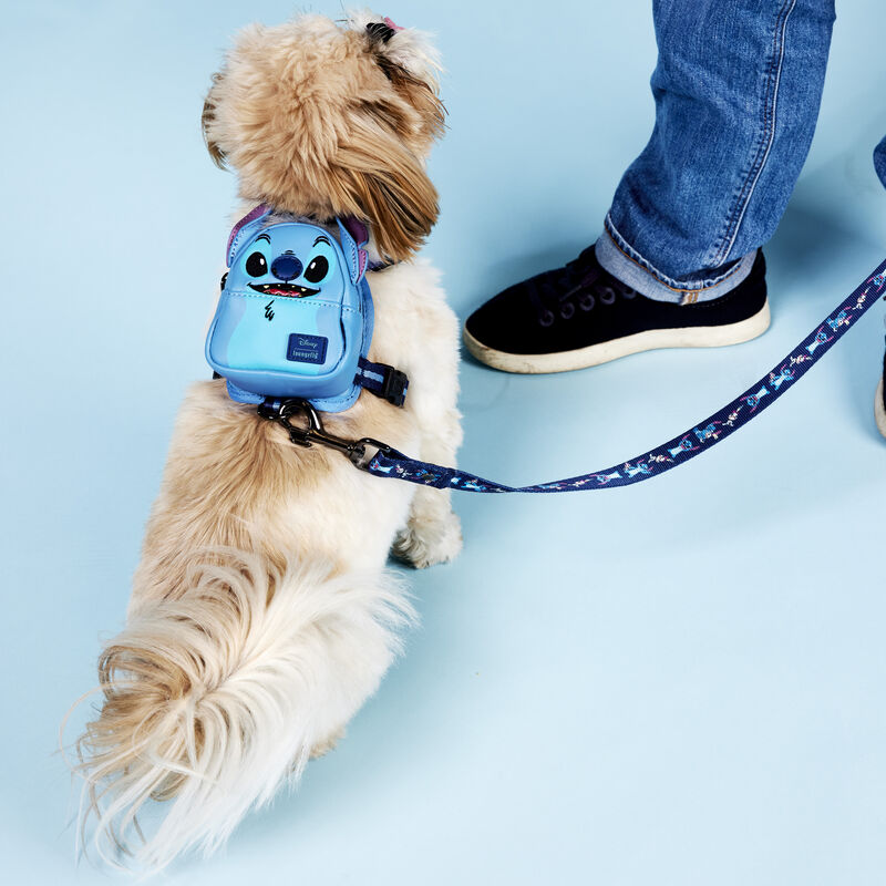 Image of a dog against a blue background wearing the Disney Stitch Mini Backpack Harness and leash 